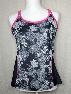 Pink, Black, & White Floral Tankini Swim Top Swimsuit Women's Size XL